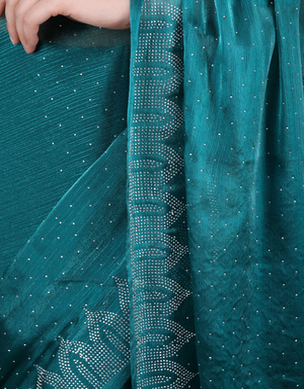 Petrol Blue Jimichoo Fabric Swarovski Work Designer Saree