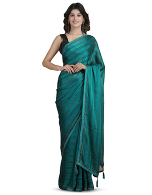 Chiffon Rama Green Patta Saree with Crystal work